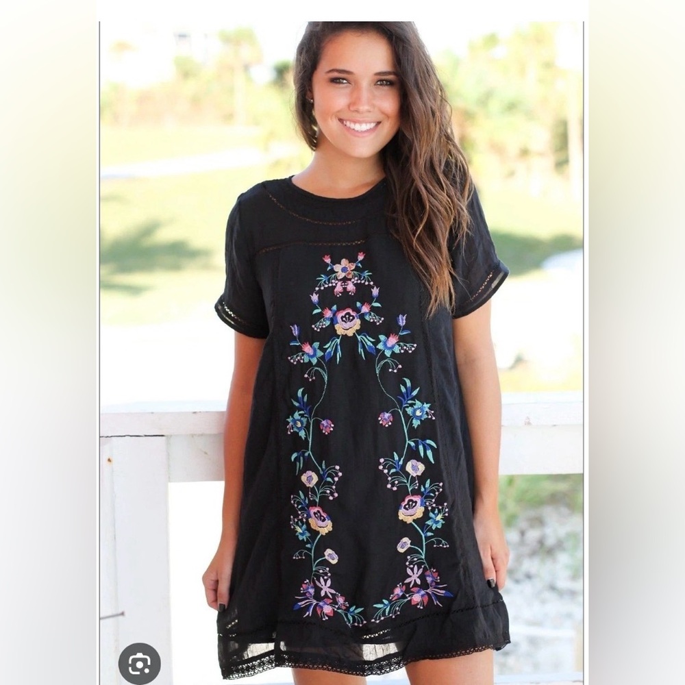 Umgee Black Mini Dress with Multicolor Floral Embroidery